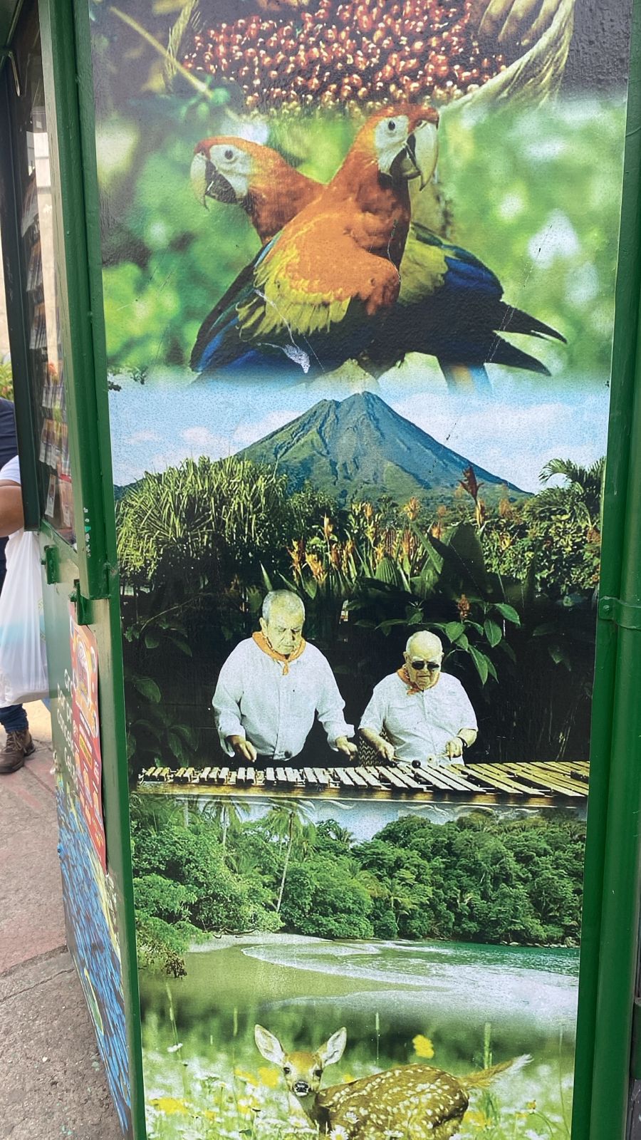 Panel turístico con naturaleza de Costa Rica y marimbistas de Escazú